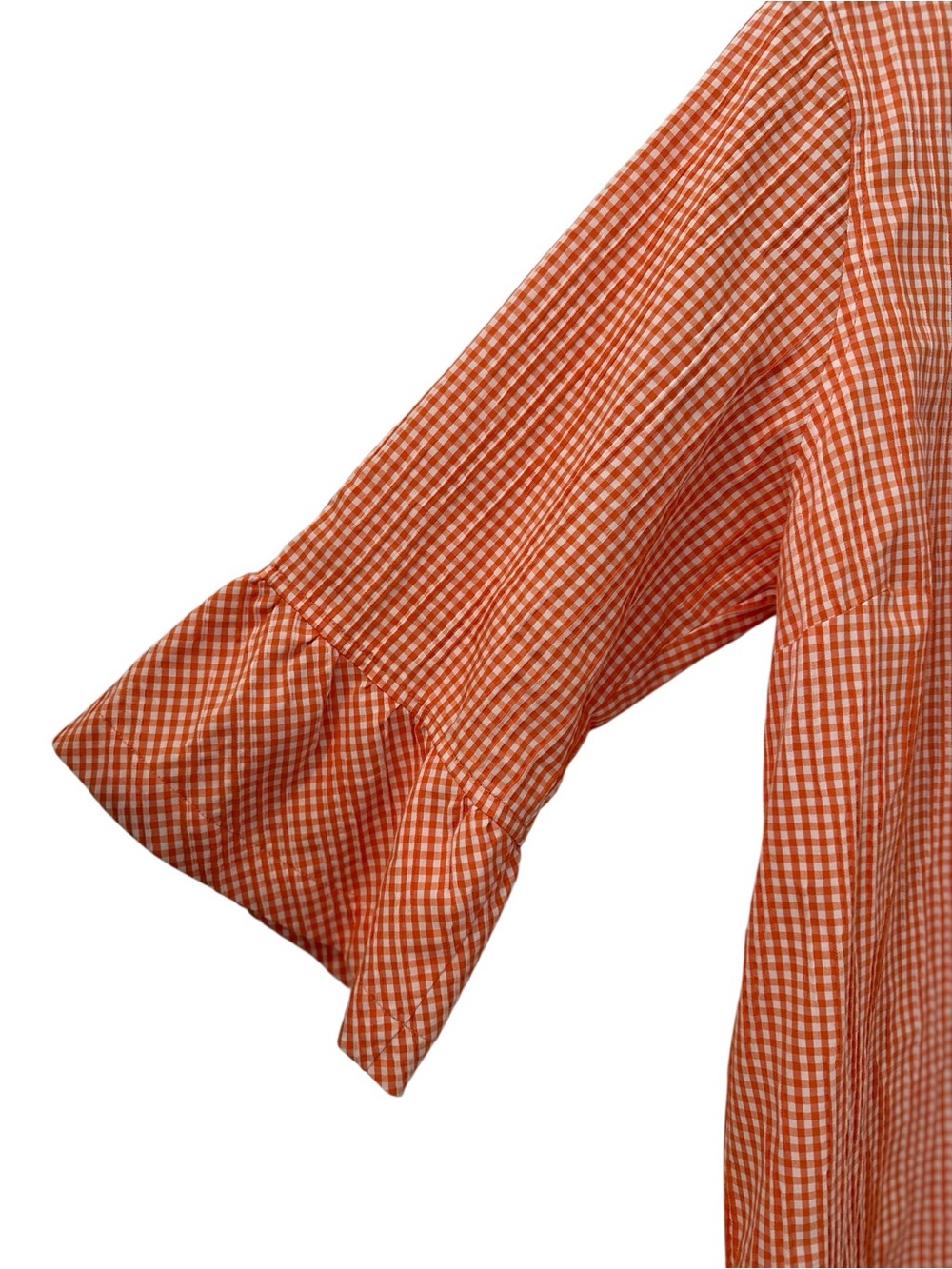 Caroline Rose Women’s Peach Orange Gingham Shift Dress with Ruffle Sleeves - Picture 4 of 12